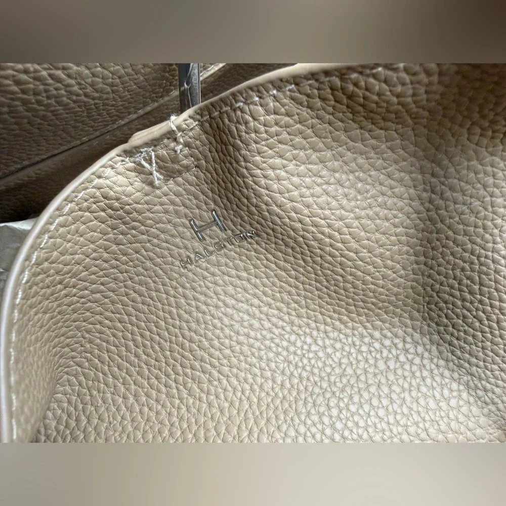 Halston Pebbled Leather Tote Bag Large Taupe Beige Shoulder Bag Minimalist Purse